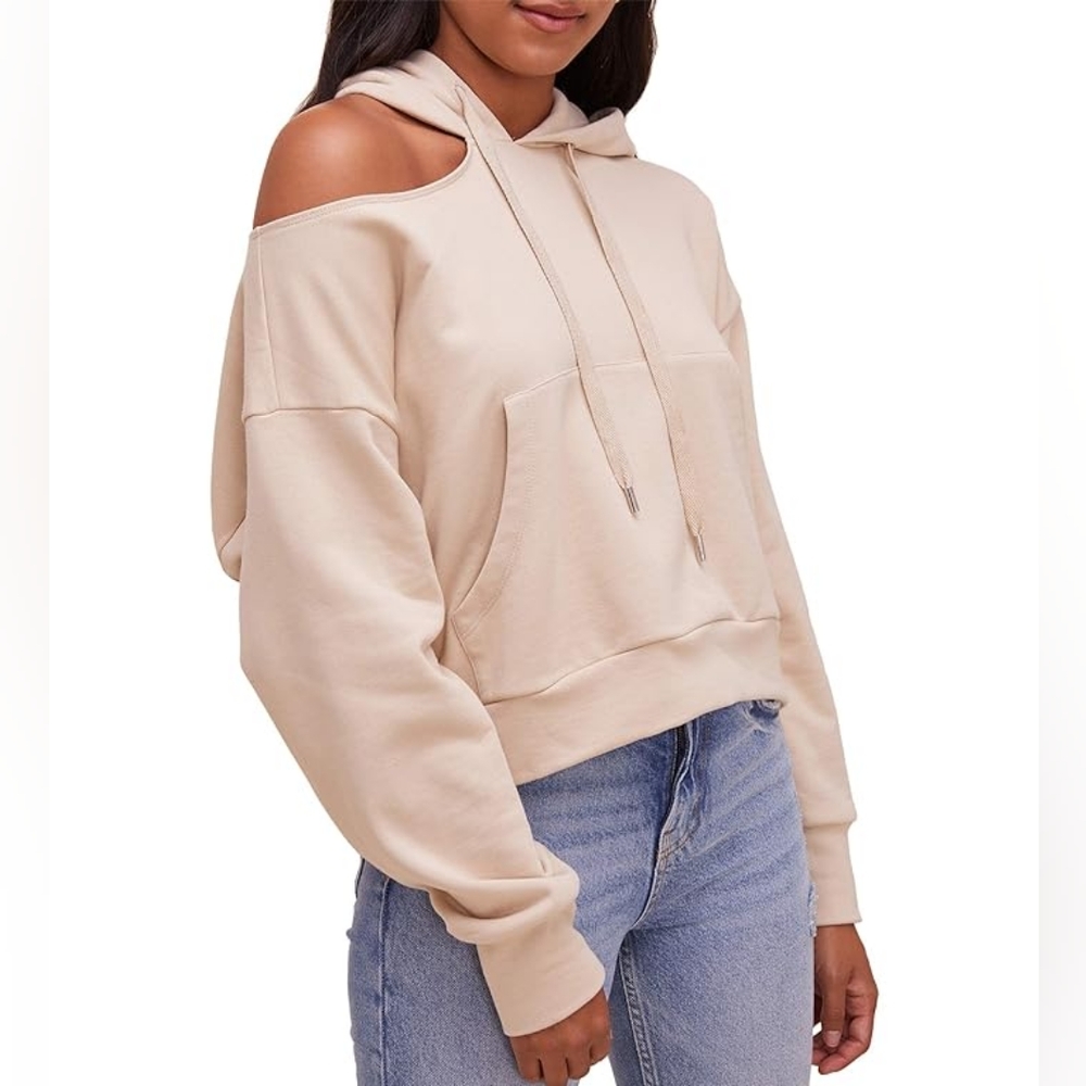 ASTR the Label Anthropologie Swift Hoodie Sand Beige Relaxed Oversized Cut Out S